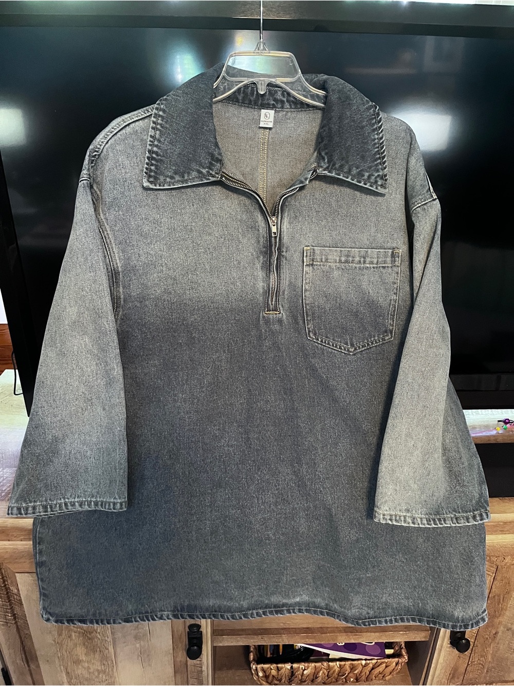Washed Blue Denim Tunic with Half-Zip and Chest Pocket XXL(54”B x 35”L)